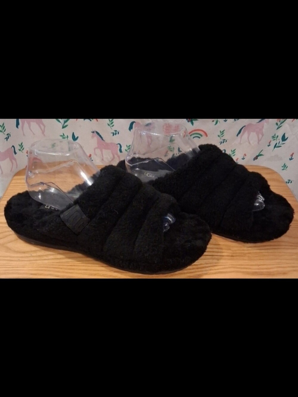 NWT Ugg Fluff You Black Shearling Casual Comfy Unisex Sandal Shoe SZ 9
